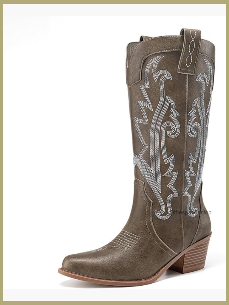 Embroidered Western Cowgirl Boots Pointed Toe Chunky Heel Mid Calf Pu Leather